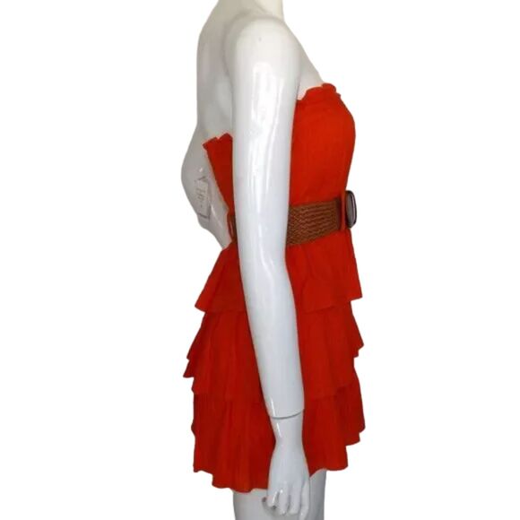 new 2B BEBE Mini Dress, S, Orange, Belt, Strapless, Ruffle/Tier Skirt, Side Zip - Picture 7 of 15